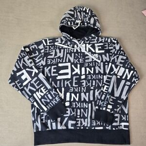 Nike Hoodie Mens Medium Black White Pullover Sweatshirt All Over Print Graffiti